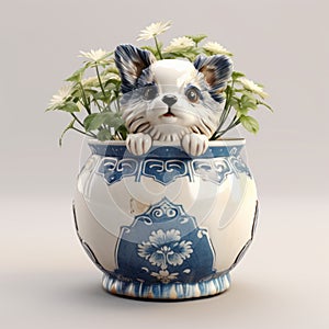 Cute Little Dog Sitting Inside Blue And White Ceramic Planter