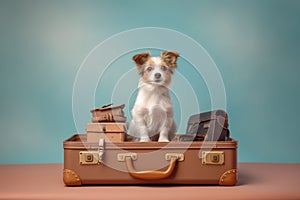 Cute little dog sitting on suitcase. Travel, holiday, pet concept. Ai generative, illustration