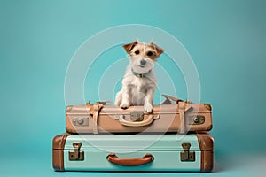 Cute little dog sitting on suitcase. Travel, holiday, pet concept. Ai generative, illustration