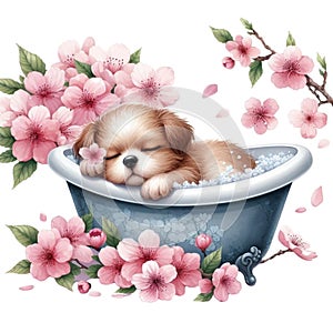 cute little dog sleeping in a bathtub cherry blossoms