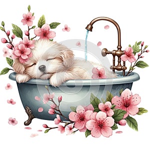 cute little dog sleeping in a bathtub cherry blossoms