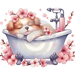 cute little dog sleeping in a bathtub cherry blossoms