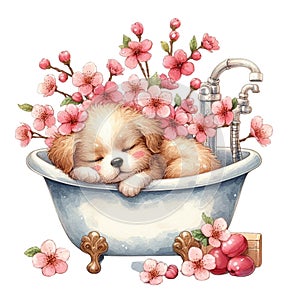 cute little dog sleeping in a bathtub cherry blossoms