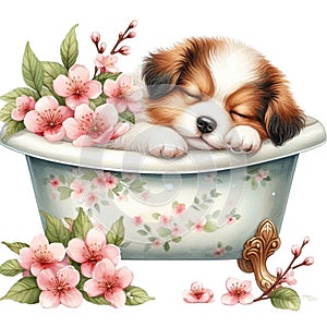 cute little dog sleeping in a bathtub cherry blossoms