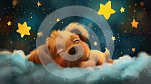 A cute little dog sleeping on a cloud with stars in the sky, AI