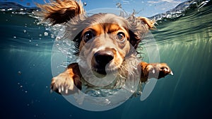 Cute little dog swimming in the sea.