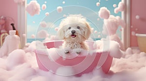 Cute little dog taking bath in bathtub with foam and clouds