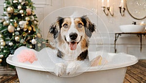 A cute little dog taking a bubble bath with his paws up on bubble the rim of the tub