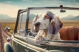 Cute little dog travelling in a cabriolet. Generative AI