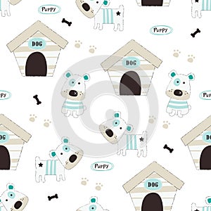 Cute little dogs and dog house seamless pattern