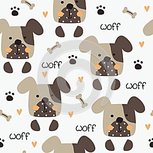 Cute little dogs, paws and bones seamless pattern