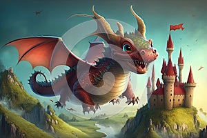 cute little dragon, flying through fantastical landscape, with castle in the background