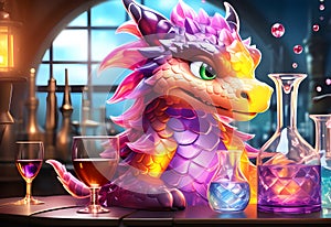 a cute little dragon making a magic potion