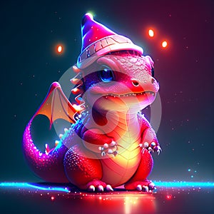 Cute little dragon in a Santa Claus hat. 3d rendering AI Generated