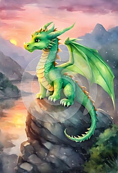 Cute little dragon on sunset background