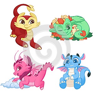 Cute Little Dragons Set, Colorful Adorable Mythological Animal Characters Vector Illustration