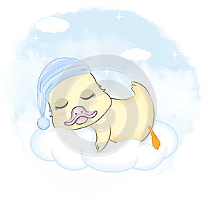 Cute Little Duck sleeping on the cloud