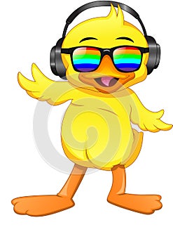 Cute little duck wear glasses and listen to music