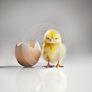Cute little Easter baby chick and broken eggshell on isolated background