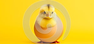 Cute little Easter baby chick in broken eggshell on isolated yellow background
