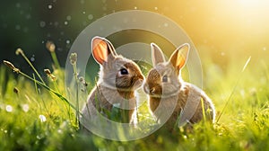 Cute little Easter bunnies in the sunny meadow. Two rabbits on a green grass in summer day. Happy Easter