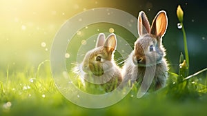 Cute little Easter bunnies in the sunny meadow. Two rabbits on a green grass in summer day.Happy Easter