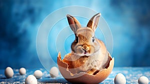 Cute little easter bunny, baby rabbit in broken eggshell, Funny easter concept.