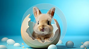 Cute little easter bunny, baby rabbit in broken eggshell, Funny easter concept.