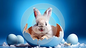 Cute little easter bunny, baby rabbit in broken eggshell, Funny easter concept.