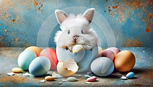 Cute little easter bunny, baby rabbit in broken eggshell, Funny easter concept.