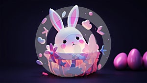Cute Little Easter bunny with decorated Easter eggs on the grass. Glowing neon lights and dark background. Futuristic