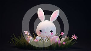 Cute Little Easter bunny with decorated Easter eggs on the grass. Glowing neon lights and dark background. Futuristic