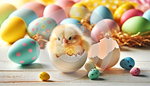 Cute little easter chick, baby chick in broken eggshell on wooden background