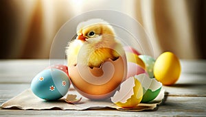 Cute little easter chick, baby chick in broken eggshell on wooden background