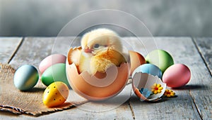 Cute little easter chick, baby chick in broken eggshell on wooden background