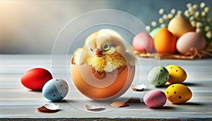 Cute little easter chick, baby chick in broken eggshell on wooden background