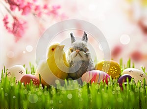 Cute little easter chick on green meadow in nature with bloom landscape in spring and easter bunny with easter eggs.