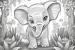 Cute little elefant cartoon style in black and white colors for drawing coloring book. Generative AI