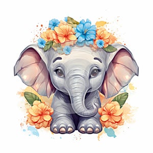 a cute little elephant baby with flowers on his head