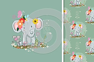 cute little elephant card and seamless pattern
