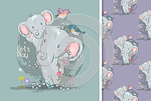 cute little elephant card and seamless pattern