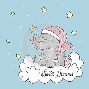 Cute little elephant on the cloud. Sweet dreams vector