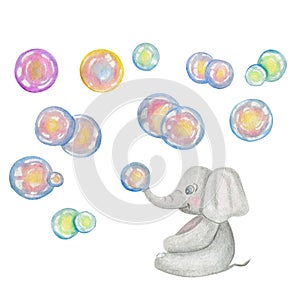 Cute little elephant with coorful soap bubble blowing on trunk is sitting. Watercolor hand drawn illustration in cartoon children