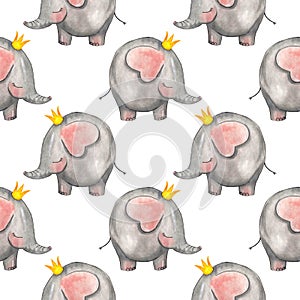 Cute little elephant in the crown. Seamless pattern isolated on white background