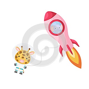 Cute little elephant flying in pink rocket. Cartoon giraffe character in space costume with rocket on white background. Design for