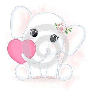 Cute little Elephant and heart hand drawn illustration