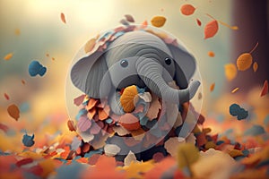 Cute Little Elephant Hiding in a Pile of Autumn Leaves