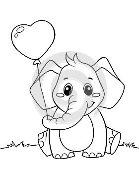 Cute little elephant holding balloon in heart form. Black and white illustration for coloring book