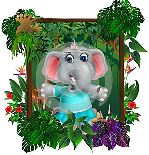 Cute Little Elephant Kid In Forest With Tropical Plant Flower In Wood Square Frame Cartoon