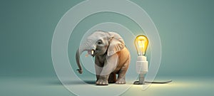 Cute little elephant and light bulb showing ideas, concepts, creativity, minimalist watercolor style. Generative ai